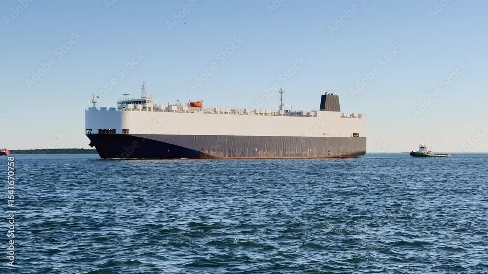 Vehicle carrier or RO-RO ship sailing with tugboat into port Vehicle carrier or RO-RO ship sailing with tugboat into port