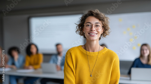 Smiling young woman in yellow sweater at modern classroom setting