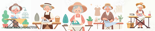 vector character grandmother ironing clothes