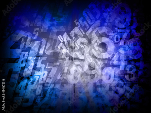 abstract gradient blue and grey and black background , stack and overlaid on blur numerous fragmented and distorted numerical and alphabetical characters background