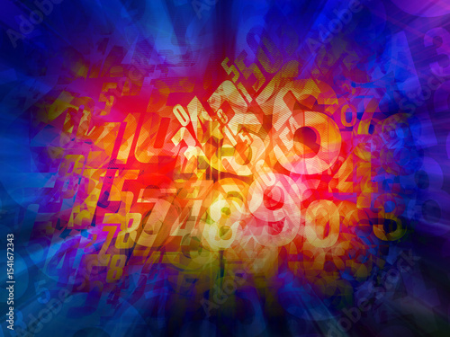 abstract colorful and gradient blue and pink and violet background , overlaid on blur numerous fragmented and distorted numerical and alphabetical characters background