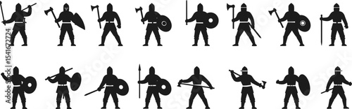 Silhouettes of medieval warriors, Viking fighters with swords, spears, axes, and shields, ancient soldier poses, black vector illustration, battle-ready characters, historical combat design