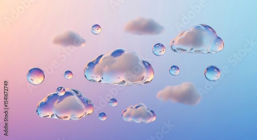 Abstract composition of soft clouds and reflective water bubbles, tranquility, purity, and the ethereal nature of dreams or the digital cloud. Ideal for themes of wellness, technology, or calm.