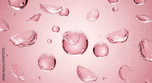Abstract, glistening pink glass elements, resembling petals and liquid spheres, symbolizing purity, skincare, beauty, and gentle hydration. Ideal for cosmetics, wellness, or delicate design themes.