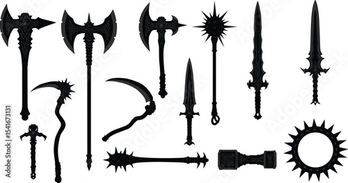 Collection of fantasy weapons, medieval battle tools vector, black silhouette axes, swords, maces, spears, war hammers and scythes, gothic combat gear, ancient warrior armory illustration