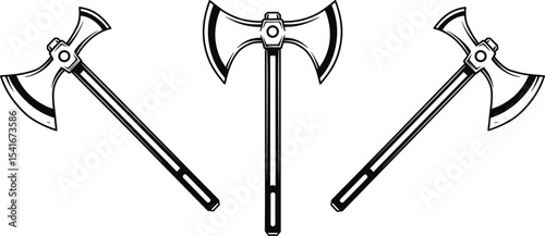 Three battle axes vector, medieval weapons illustration, sharp double-bladed axe, ancient warrior tool, black silhouette style, historical combat symbol, vintage arms design, war emblem art