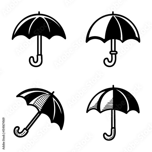 Four modern umbrella silhouette icons on white background