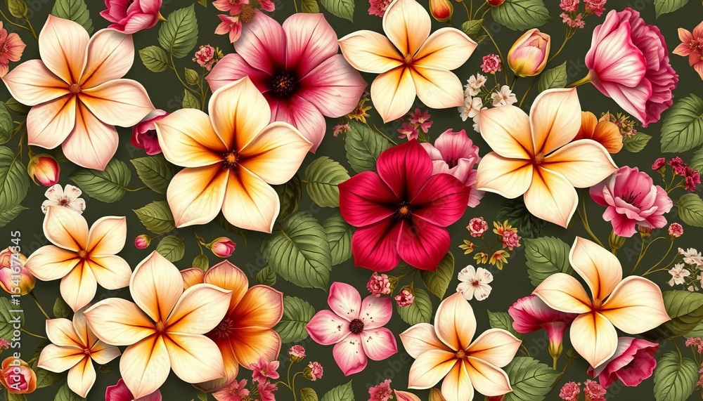 Fototapeta premium Elegant vintage floral seamless pattern featuring realistic jasmine, petunia, croton, and wildflowers in a baroque style, petunia, set