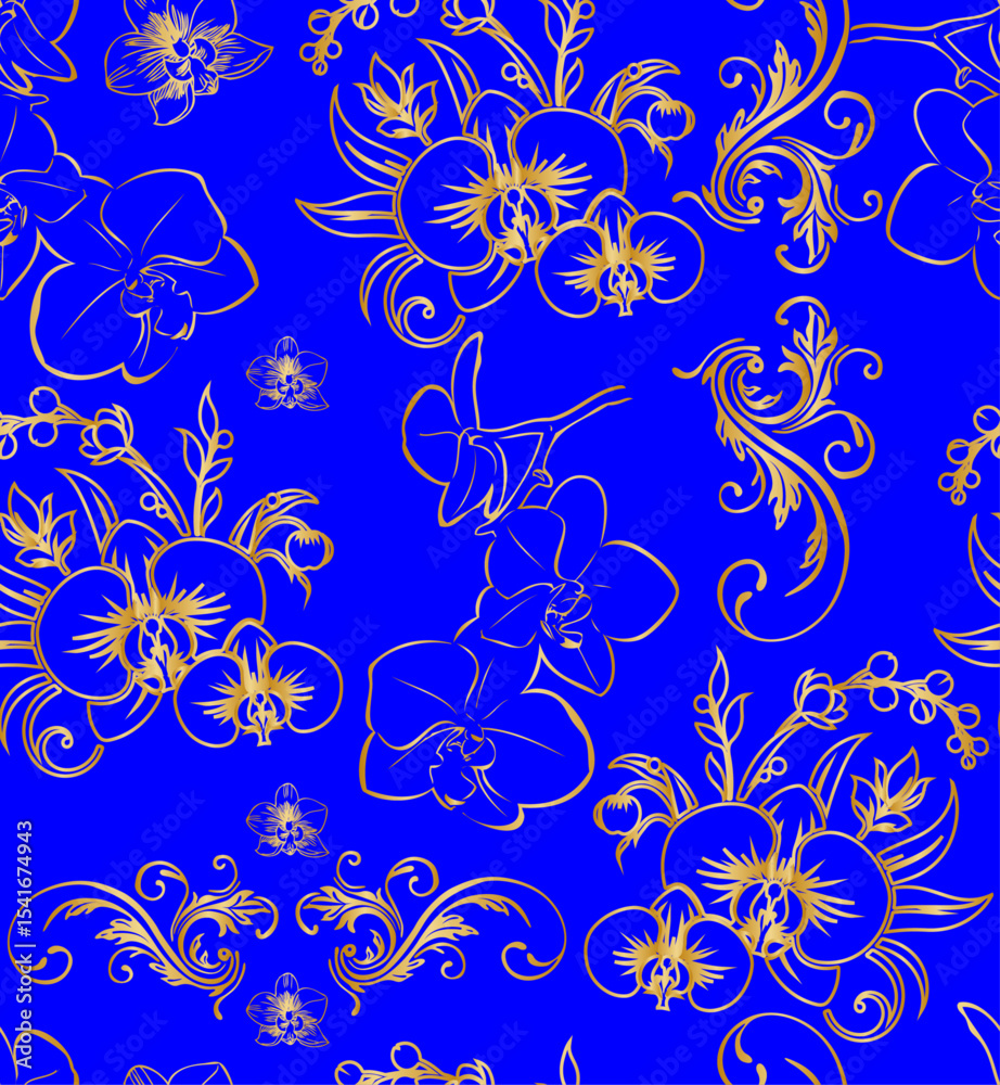 seamless orchid pattern with a golden gradient outline on a  blue background.Isolated, close-up