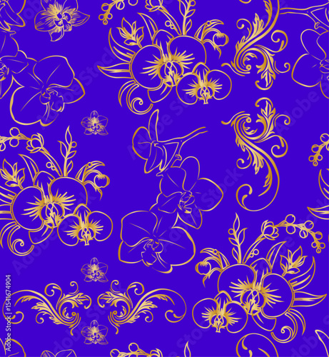 seamless orchid pattern with a golden gradient outline on a  purple background.Isolated, close-up