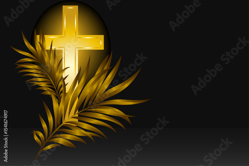golden Christian cross and golden palm branches  on a black background