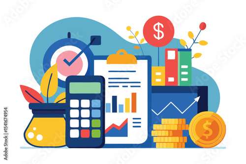 Financial Planning and Analysis Business Growth Chart with Calculator and Coin Stack Vector Illustration Concept Design