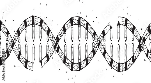 Black and white grunge background with a floral ornament, illustrating an abstract, spiraling DNA helix for biotechnology research