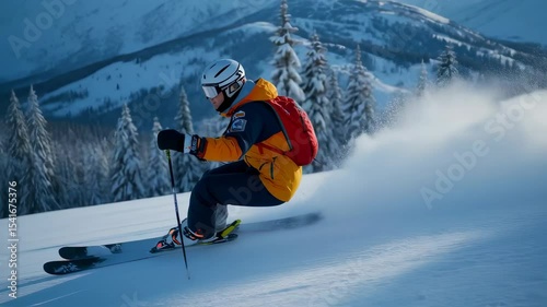 Spectacular downhill skiing adventure amidst the pristine snowy slopes of the mountains