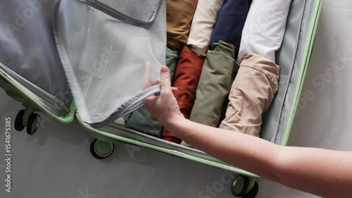 Hands arrange clothing in rows inside the suitcase