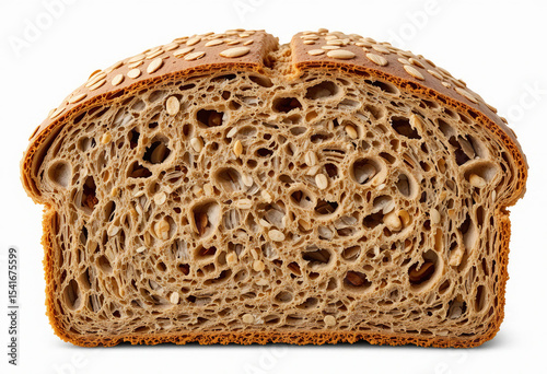 Loaf of fresh rye bread isolated on white background with healthy crust and whole grain texture