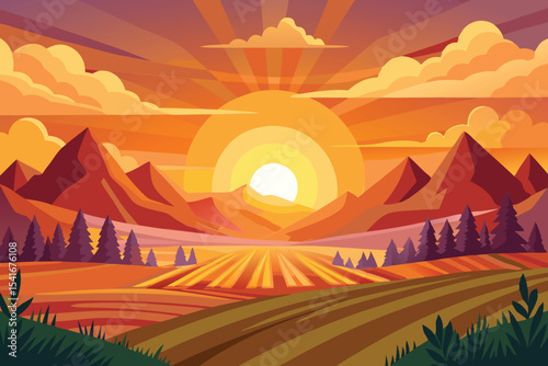 golden sunset landscape with sun over mountains vector illustration