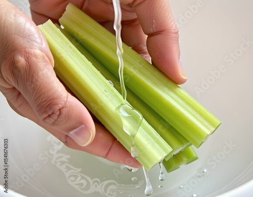 Fresh Green Celery Stalks Being Rinsed Under Running Water