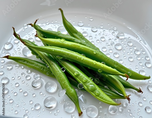Fresh Green Beans with Water Droplets on White Plate Healthy Food Concept