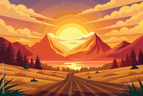 golden sunset landscape with sun over mountains vector illustration