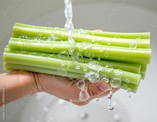 Fresh Green Celery Stalks Being Washed Under Running Water in Hand