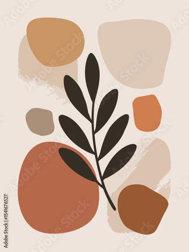 Modern abstract wall art with plant silhouette and earth tone geometric minimalist elements