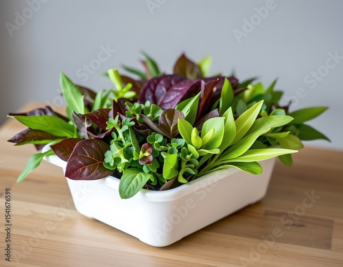 Vibrant Green and Burgundy Leaf Arrangement in White Square Planter