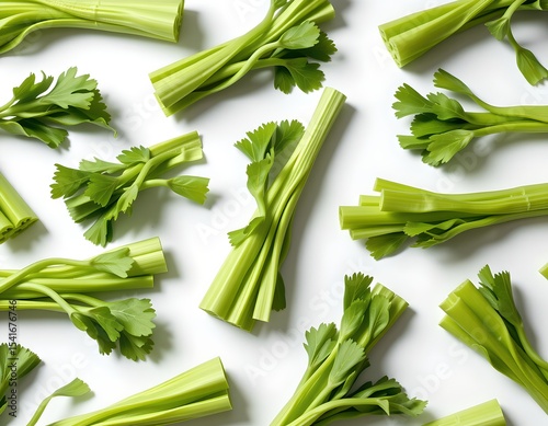 Fresh Green Celery Stalks and Sprigs Healthy Food Flat Lay Vegan Produce