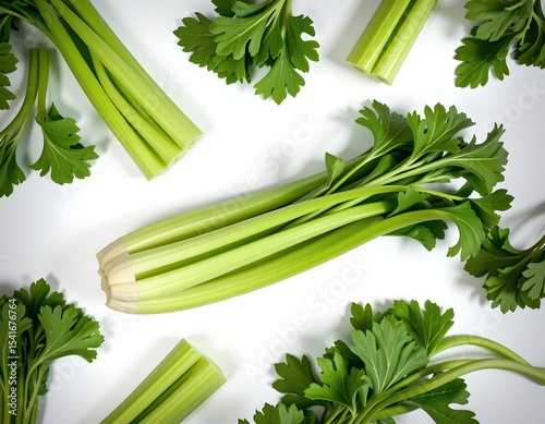 Fresh Green Celery Stalks and Leaves on White Background Healthy Food Photography