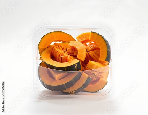 Freshly Cut Orange and Green Kabocha Squash Slices in Clear Plastic Container