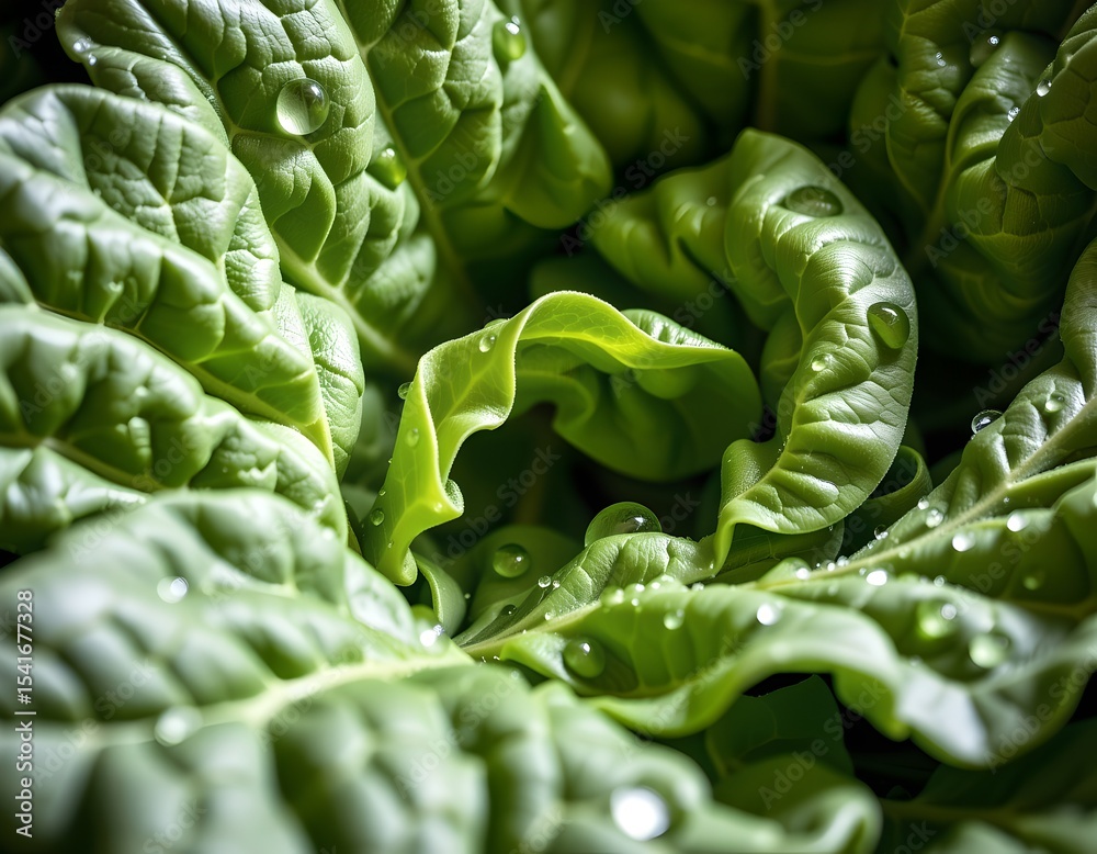 Fototapeta premium Lush Green Leafy Vegetables with Dew Drops Fresh Organic Produce Macro Photography