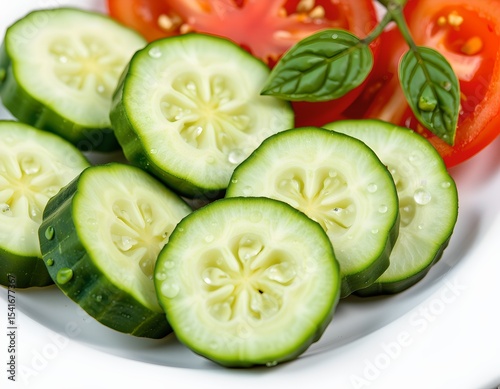 Fresh Cucumber and Tomato Slices on White Plate Healthy Food Diet Salad Ingredients