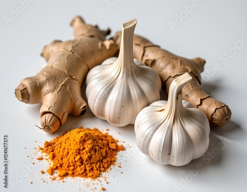 Fresh Garlic Bulbs Ginger Root and Turmeric Powder Healthy Ingredients