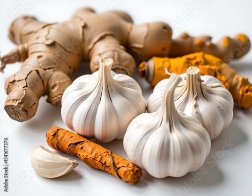 Fresh Garlic Cloves Ginger Root and Turmeric Healthy Ingredients for Cooking and Wellness