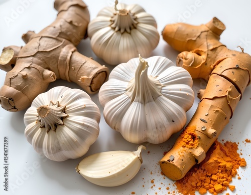 Fresh Garlic Ginger and Turmeric Roots with Powder Healthy Ingredients