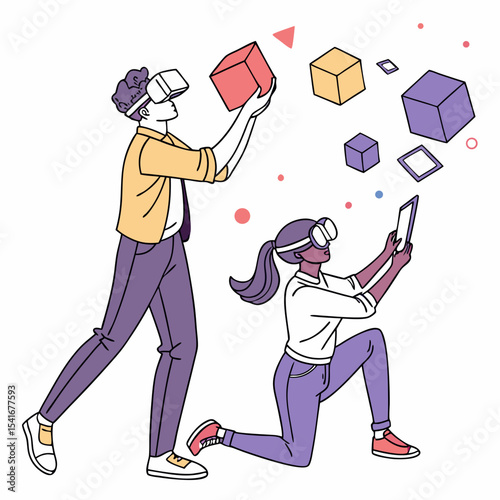 "Augmented and Virtual Reality Vector Illustration | People Using VR AR Technology in Digital Space"