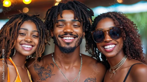 Three young african adults smiling together outdoors at a party