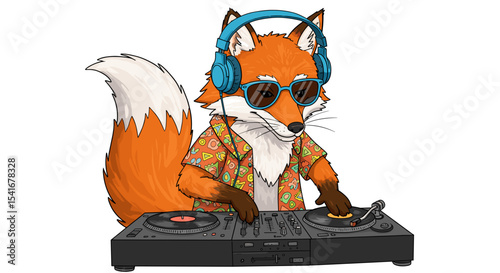 Cartoon Fox DJ with Sunglasses and Headphones Isolated on White Background Mixing Music Professionally