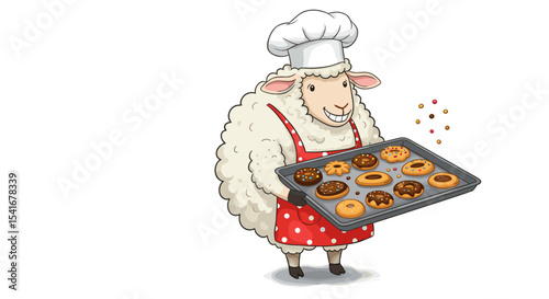 Cute Baker Sheep Cartoon Baking Donuts Isolated on White Background Smiling and Wearing Chef Hat