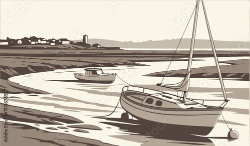 Vector illustration of harbor at low tide      
