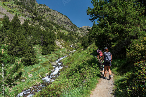 hikers on the way, Fontfreda, Rialb Valley, Ordino district, Andorra, Europe