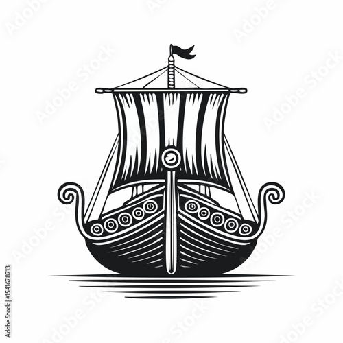 Ancient Viking Ship Front View Vector Illustration for Historical, Nautical, and Cultural Design Themes