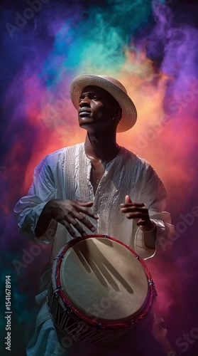 Traditional Brazilian musician plays drum in colorful smoke. Lockdown. Slow motion. 4K.
