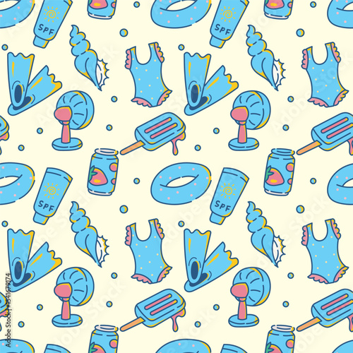 Cute Seamless Summer Background with Swimsuit, SPF, and Sea Elements