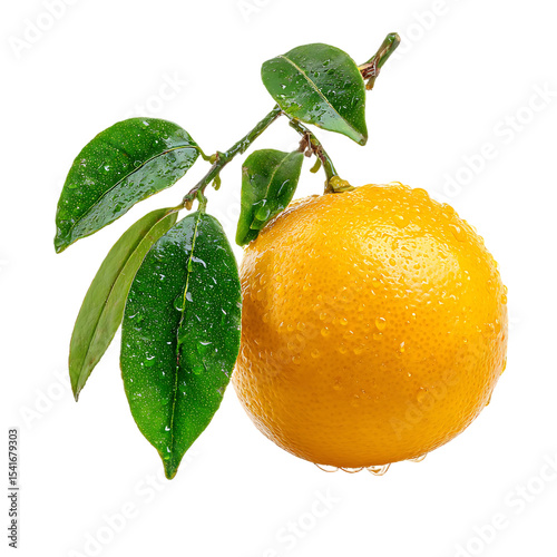 Orange fruit with water droplets and leaves on a branch.