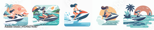 vector character woman playing jet ski in the sea
