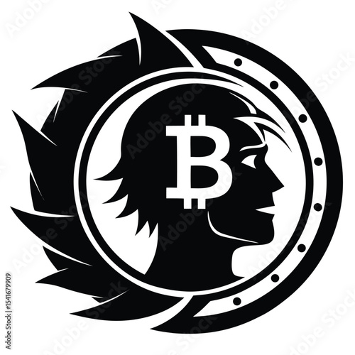 Futuristic Bitcoin Concept Art with Abstract Design, Circular Frame, Bitcoin Symbol, Human Profile and Sharp Edges, Black and White