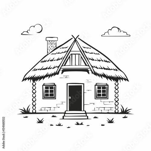 Rustic Mud House with Thatched Roof Vector Illustration  on white background.