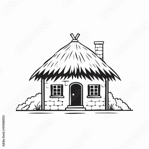 Rustic Mud House with Thatched Roof Vector Illustration  on white background.