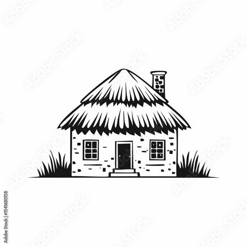 Rustic Mud House with Thatched Roof Vector Illustration  on white background.